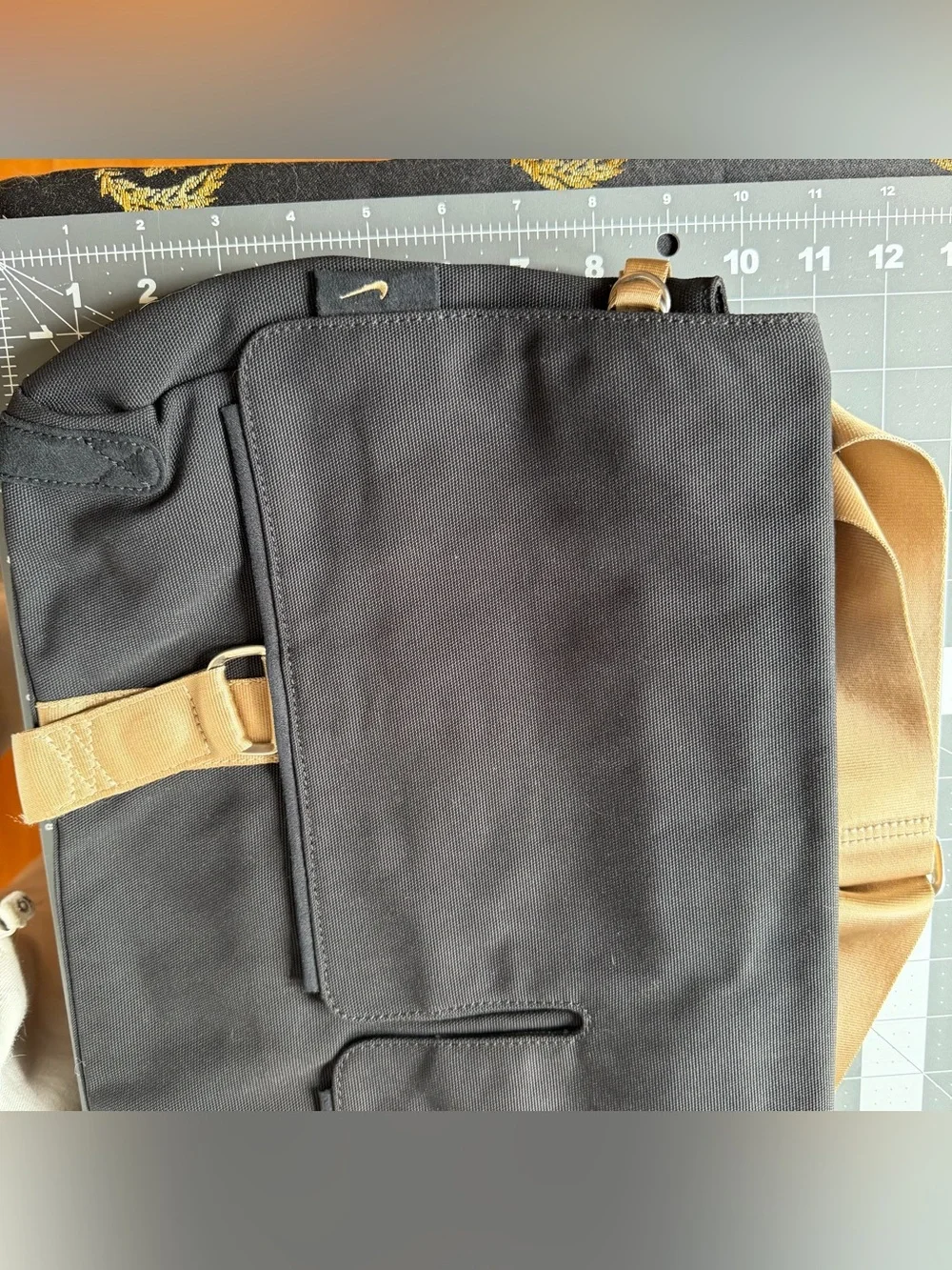 Nike Black Canvas Messenger Bag with Tan Straps